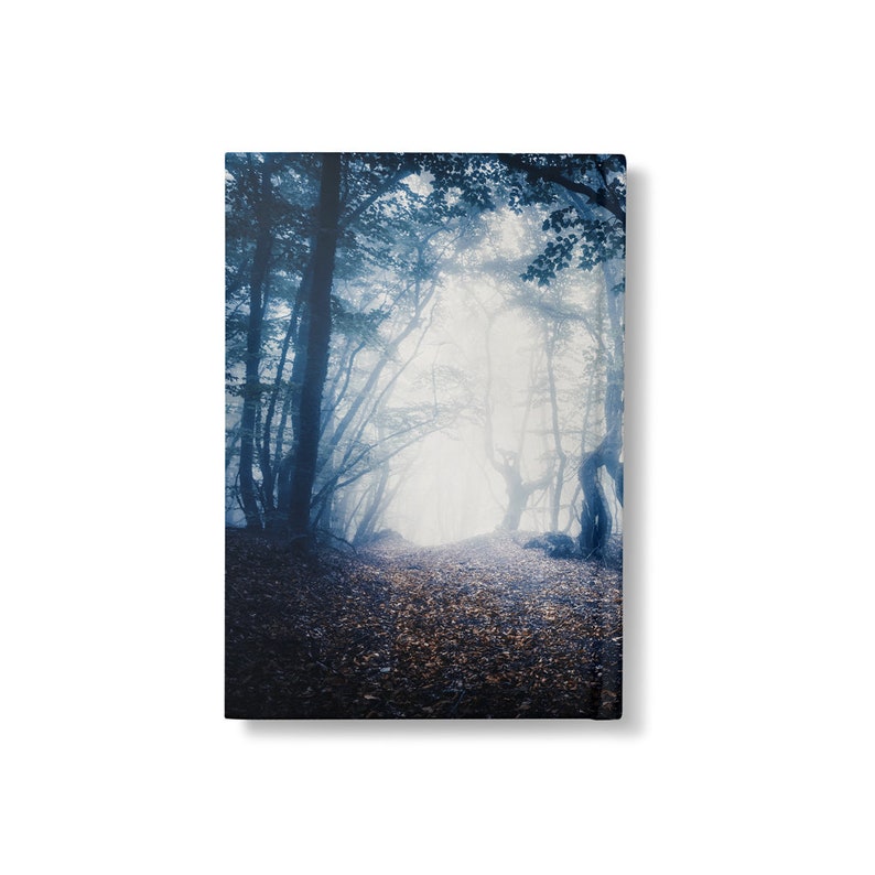 May include: A canvas print depicting a misty forest scene. Tall, dark trees line a path covered in fallen leaves, leading towards a bright, ethereal opening. The artwork is dominated by cool blues and greens, creating a serene, atmospheric landscape.