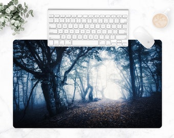 Moody Forest Desk Mat, Large Keyboard Desk Pad, Dark Woodland Desk Decor, Nature Mousepad