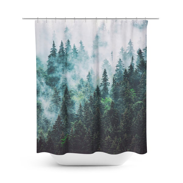 Forest Trees Shower Curtain, Woodland Nature Shower Curtain, Pine Tree Scenic Bath Curtain for Bathroom Decor