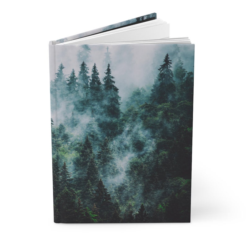 May include: A book with a cover featuring a misty forest scene with tall evergreen trees. The cover is a soft green and blue color.