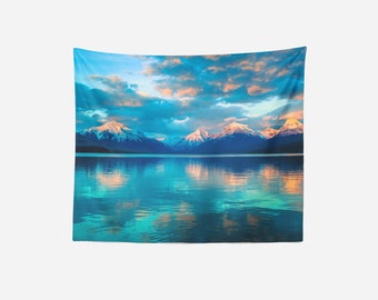 Mountain Reflection Tapestry | Nature Wall Hanging | Blue Sky Lake Scene | Large Wall Art