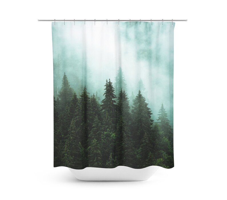 Tree Shower Curtain, Pine Trees Forest Wanderlust Rustic Nature, Bathroom Decor, Rustic Bathroom