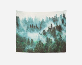 Tapiz de bosque de pinos brumoso, tapiz bohemio moderno para colgar en la pared, decoración natural