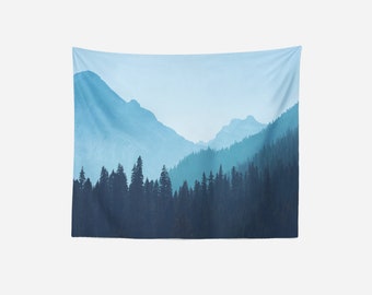 Blue Forest Mountain Tapestry, Nature Wall Hanging, Dorm Room Decor