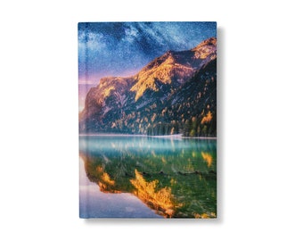 Diario de reflexión de lago de montaña, cuaderno de tapa dura con líneas, regalo de naturaleza con cielo estrellado