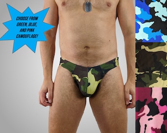 Men's Bikini Swimsuit in Camouflage in Blue or Green, Camo Mens Bikini Swim Brief, Military Inspired Bathing Suit for Men
