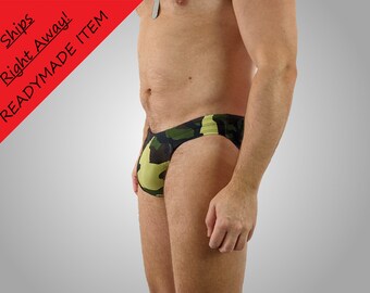 Men's Bikini Swimsuit in Camouflage Green Camouflage, Readymade, Size M, Men's Bikini Swim Brief, Military Inspired Bathing Suit for Men