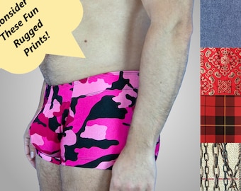 Men's Pouch and Booty Swim Trunks in Rugged Prints, Plaid, Denim, Chains, Bandana, Square Cut Swimsuit with Enhancing Pouch and Butt Seam