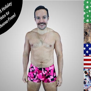 Men&#39;s Pouch and Booty Swim Trunks in Holiday Prints