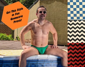 Men's Pouch and Booty Thong Swimsuit in Geometric Prints