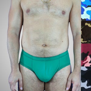 Pouch and Booty Thong Swimsuit, Handmade Men’s Swimwear with Enhancing Front and Thong Back, Blue, Green, Pink, Gray Dot Camo