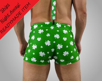 Men's Swim Trunks in Shamrock Print, Great for St Paddy's Day, Sexy Mens Square Cut Bathing Suit, Beachwear