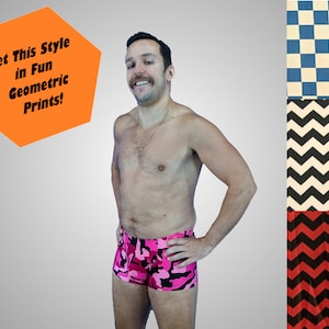 Men's Pouch and Booty Swim Trunks in Geometric Prints