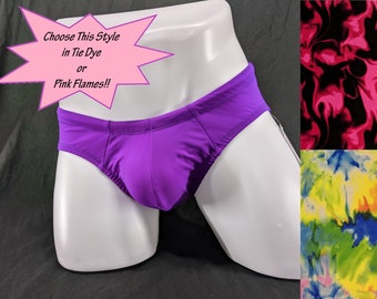Men's Swim Brief in Tie Dye and Pink Flames, Bikini with Wide Sides