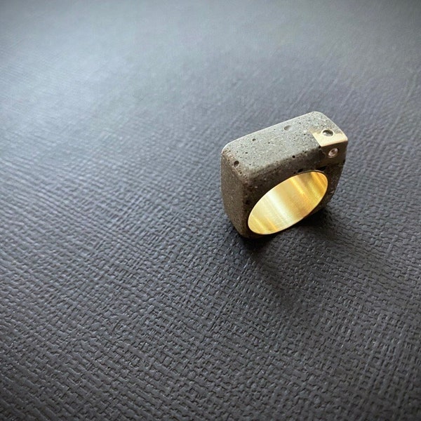 Dark grey concrete modernist ring/ brass and grey statement ring/brutalist