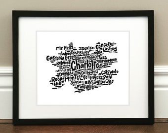 Charlotte Metro Map Art Print - Signed 8.5" x 11" print of original hand drawn map intricately detailing the Charlotte Metro area