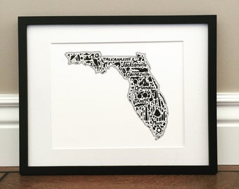 Florida Map Art Print - Signed 8.5" x 11" print of original hand drawn map including Florida landmarks, culture, symbols, and cities