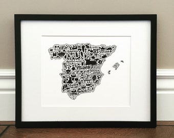 Spain Map Art Print - Signed 8.5" x 11" print of original hand drawn map including landmarks, culture, symbols, and cities