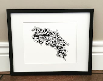 Costa Rica Map Art Print - Print of original hand drawn map including Costa Rican landmarks, culture, symbols, and cities