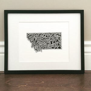 Montana Map Kunstdruck - Signierter Druck von einer original handgezeichneten Landkarte mit Sehenswürdigkeiten, Symbolen und Städten
