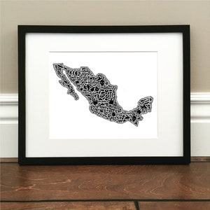 Mexiko Map Art Print - Druck einer originalen, handgezeichneten Karte mit Sehenswürdigkeiten, Symbolen und Städten