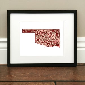 Oklahoma Map Art Print - Colored - Signed 8.5&quot; x 11&quot; print of original hand drawn map including landmarks, culture, symbols, and cities