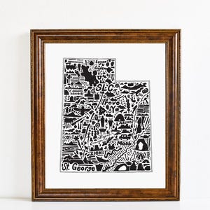 Utah Map Art Print - Print of original hand drawn map including landmarks, culture, symbols, and cities
