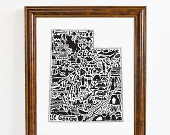 Utah Map Art Print - Print of original hand drawn map including landmarks, culture, symbols, and cities