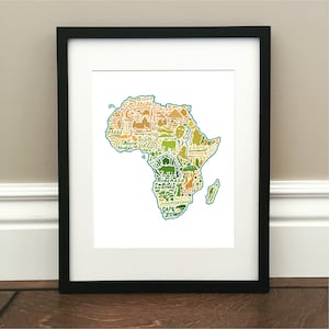 Impressão artística do mapa da África - impressão assinada de 8,5" x 11" do mapa original desenhado à mão, incluindo pontos de referência, cultura, símbolos e cidades africanas