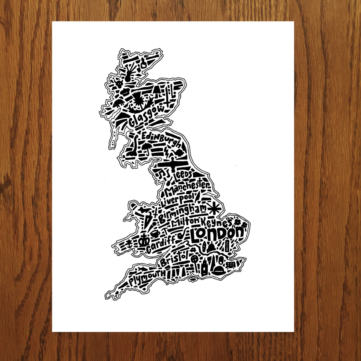 Great Britain Map Art Print - Signed 8.5" X 11" Print of Original Hand ...