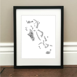 Bahamas Map Art Print - Impression signée de 8,5 « x 11 » de la carte originale dessinée à la main, y compris les points de repère, la culture, les symboles et les villes