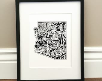 Arizona Map Art Print - Print of original hand drawn map including Arizona landmarks, culture, symbols, and cities