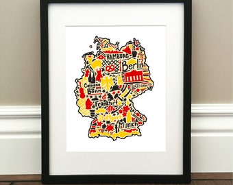 Allemagne Carte Art Print - Coloré - Signé 8,5 &quot; x 11 &quot; impression de carte dessinée à la main originale, y compris les monuments, la culture, les symboles et les villes