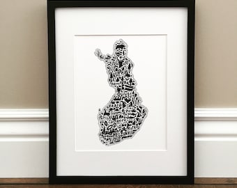 Finland Map Art Print - Signed 8.5" x 11" print of original hand drawn map including Finnish landmarks, culture, symbols, and cities