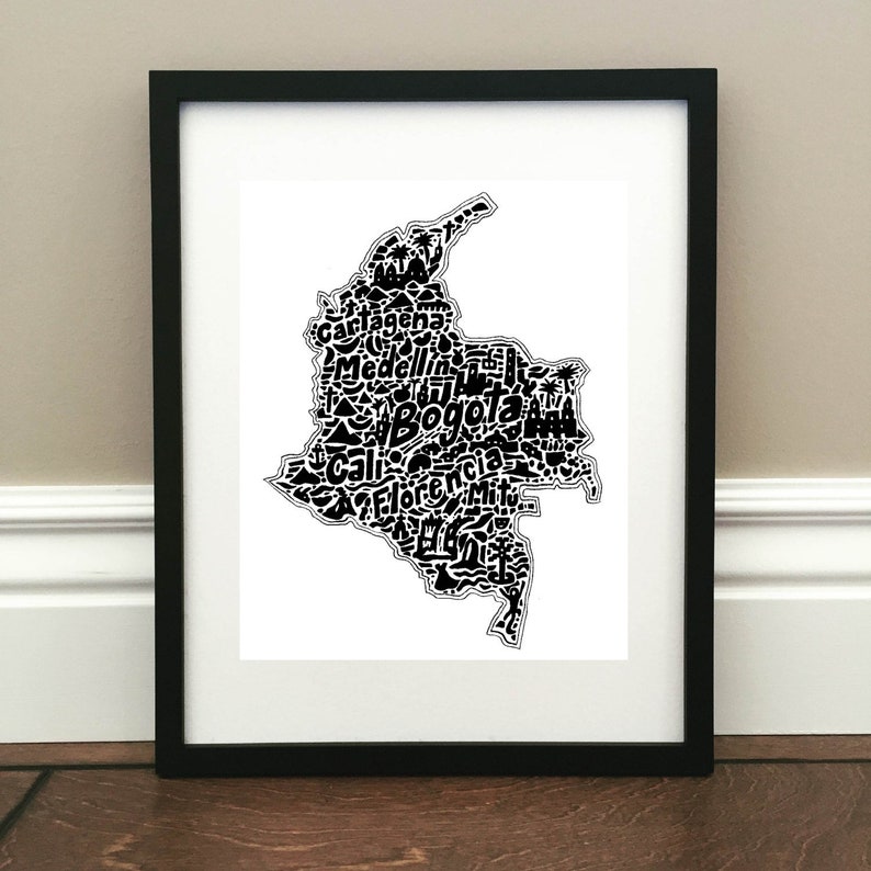 Colombia Map Art Print Print of original hand drawn map including landmarks, culture, symbols, and cities image 1