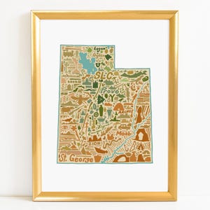Utah Landschaft Karte Kunstdruck - Druck der originalen, handgezeichneten Karte mit Sehenswürdigkeiten, Kultur, Symbolen und Städten