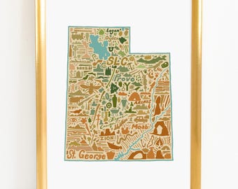 Art Print landschapskaart Utah - afdruk van originele handgetekende kaart met bezienswaardigheden, cultuur, symbolen en steden
