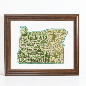 Impression d'art de carte de paysage de l'Oregon - Impression d'une carte originale dessinée à la main comprenant les monuments, la culture, les symboles et les villes