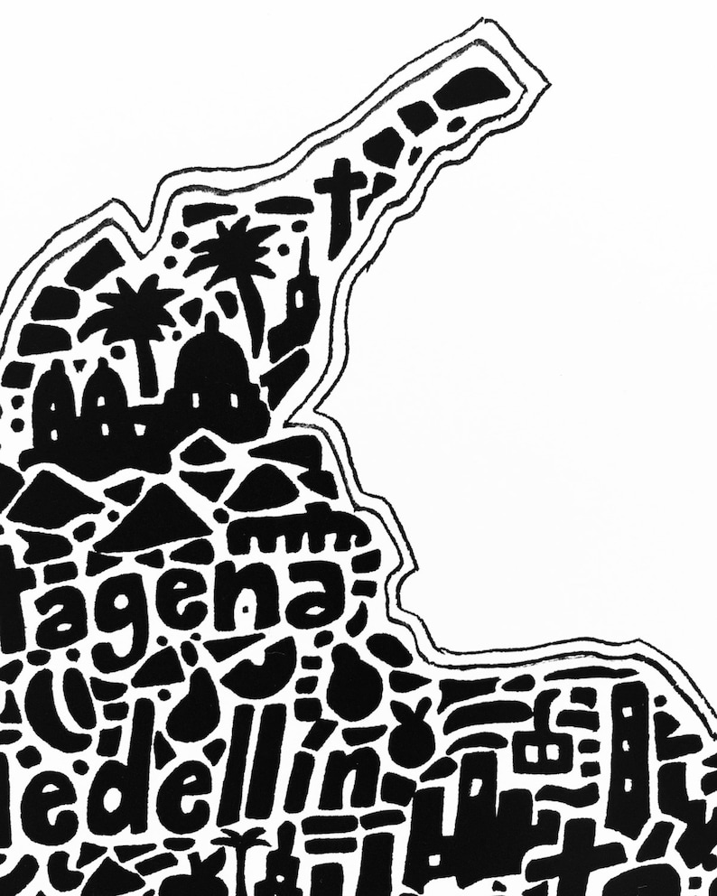 Colombia Map Art Print Print of original hand drawn map including landmarks, culture, symbols, and cities image 3