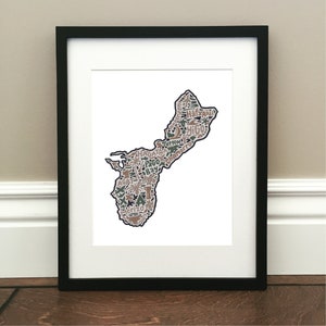 Guam  Map Art Print - Camo - Signed 8.5&quot; x 11&quot; print of original hand drawn map including landmarks, cities, and symbols