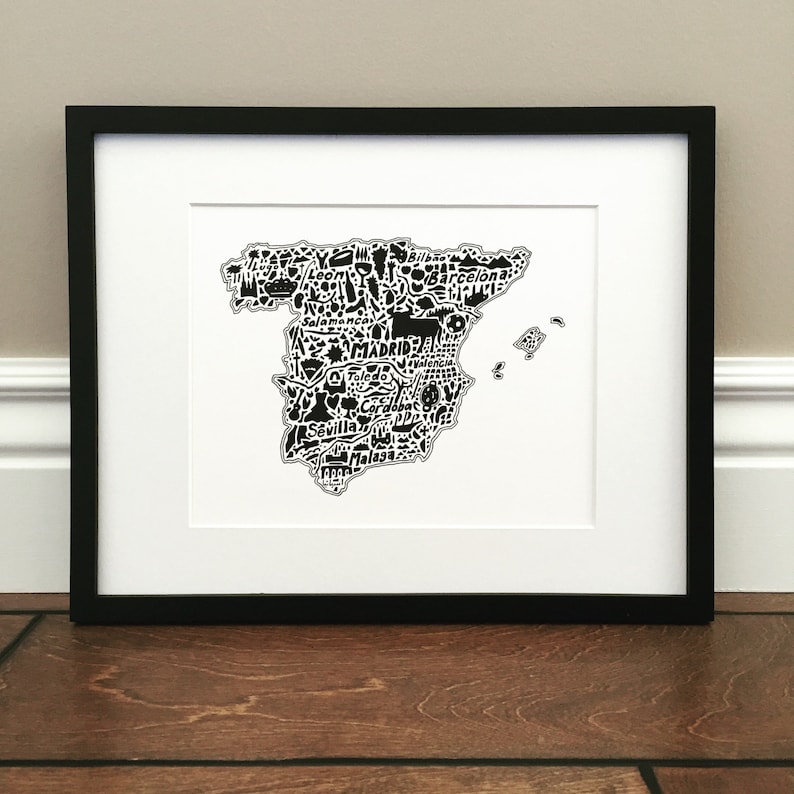 Spain Map Art Print Signed 8.5 X 11 Print of Etsy