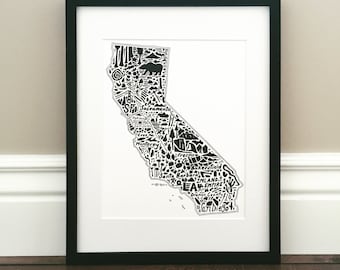 California Map Art Print - Print of original hand drawn map including landmarks, culture, symbols, and cities