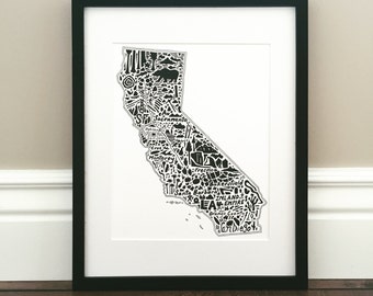 California Map Art Print - Print of original hand drawn map including landmarks, culture, symbols, and cities