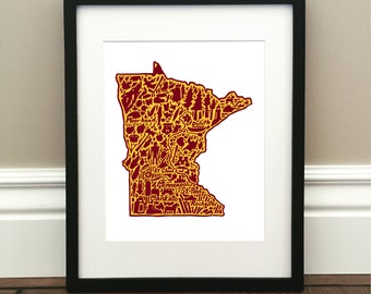 Minnesota Map Art Print - Colored - Signed 8.5" x 11" print of original hand drawn map including landmarks, culture, symbols, and cities