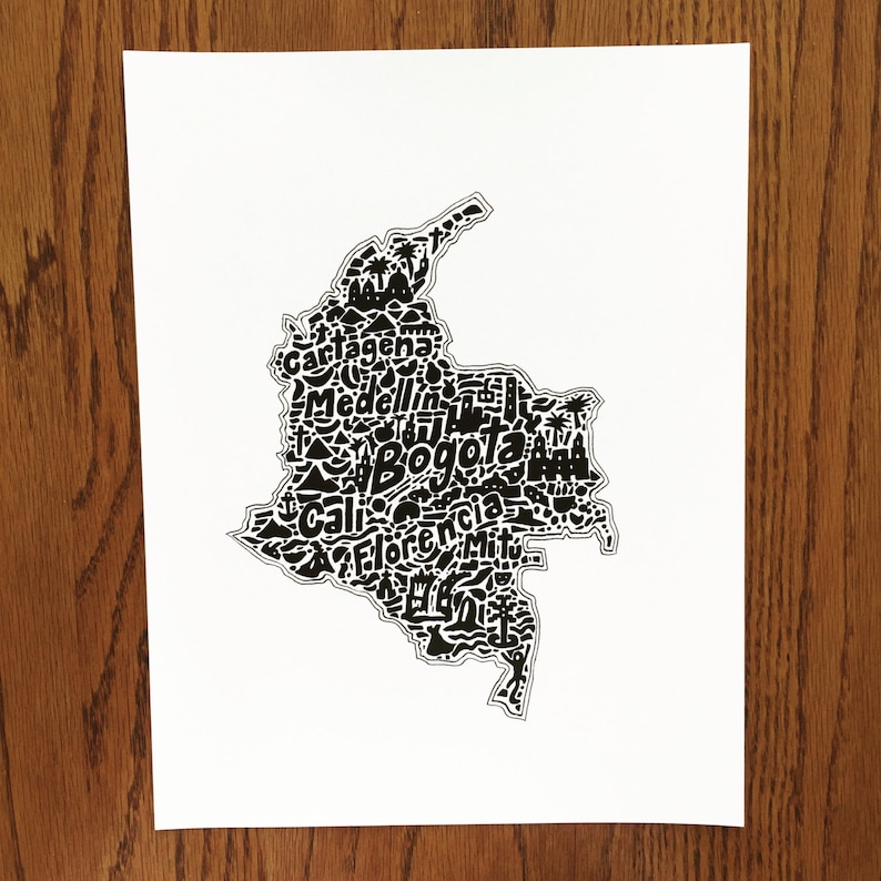 Colombia Map Art Print Print of original hand drawn map including landmarks, culture, symbols, and cities image 2