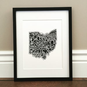 Ohio Map Art Print - Druck einer originalen, handgezeichneten Landkarte mit Sehenswürdigkeiten, Symbolen und Städten