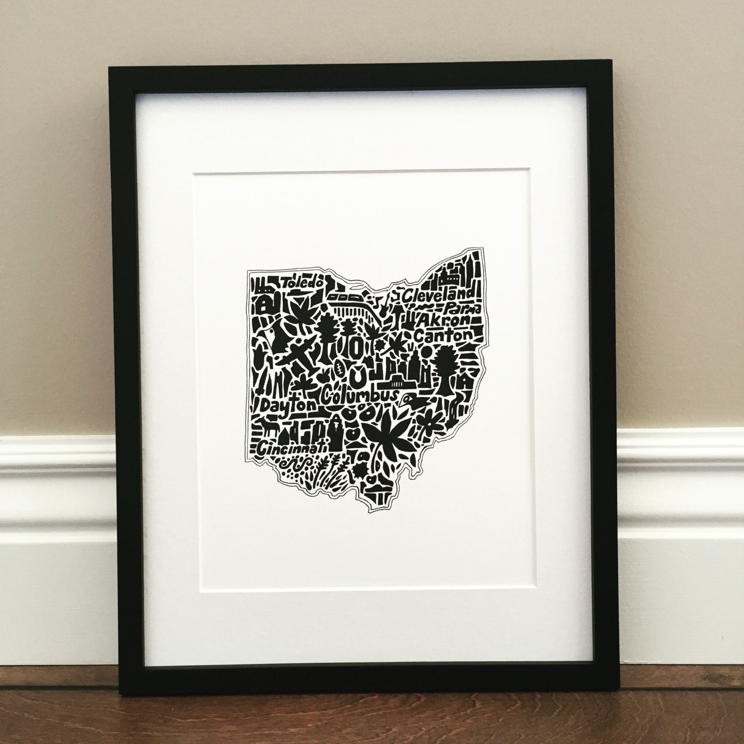 Ohio Map Art Print - Print of original hand drawn map including landmarks, culture, symbols, and cities