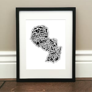 Paraguay Mapa Arte Impresión - Firmado 8.5" x 11" impresión del mapa original dibujado a mano incluyendo puntos de referencia, cultura, símbolos, y ciudades