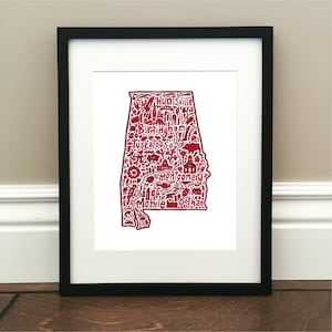 Alabama Map Art Print - Signé 8.5 " x 11" impression de la carte originale dessinée à la main, y compris les monuments, la culture, les symboles et les villes