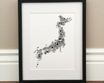 Japan Map Art Print - Signed 8.5" x 11" print of original hand drawn map including landmarks, culture, symbols, and cities